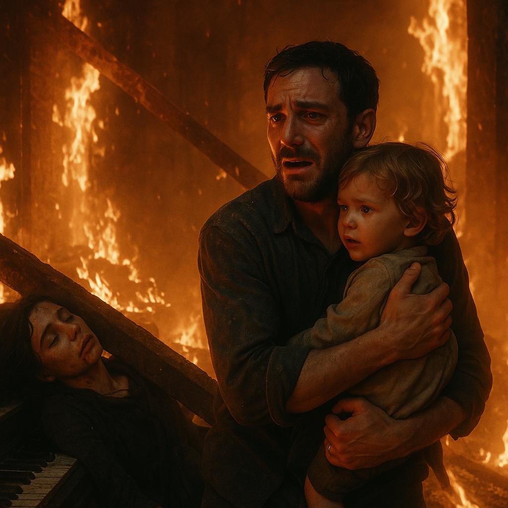 A man in a dark shirt holds a child in front of a burning building while a woman sleeps in the ashes nearby.